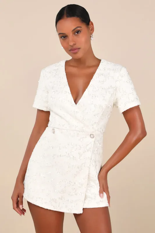 Glittering Charisma Cream Sequin Tweed Short Sleeve Skort Romper sold by Lulus