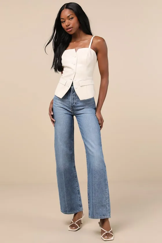 Ribcage Medium Wash Wide-Leg High-Rise Denim Jeans sold by Lulus