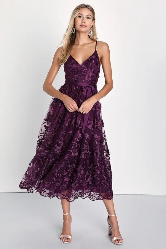 Pure Poise Dark Purple 3D Embroidered Tulle Midi Dress sold by Lulus
