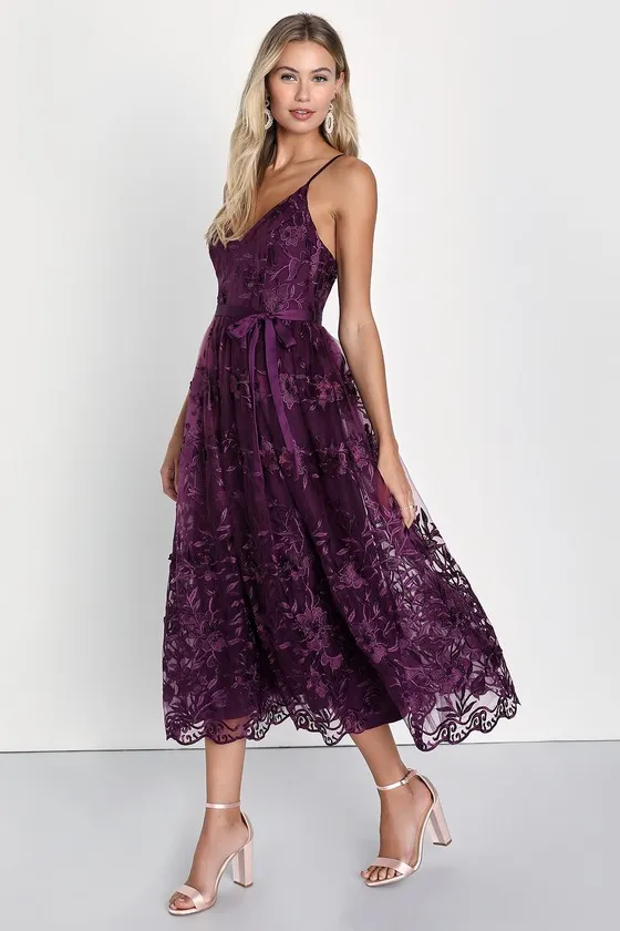 Pure Poise Dark Purple 3D Embroidered Tulle Midi Dress sold by Lulus product image thumbnail 3