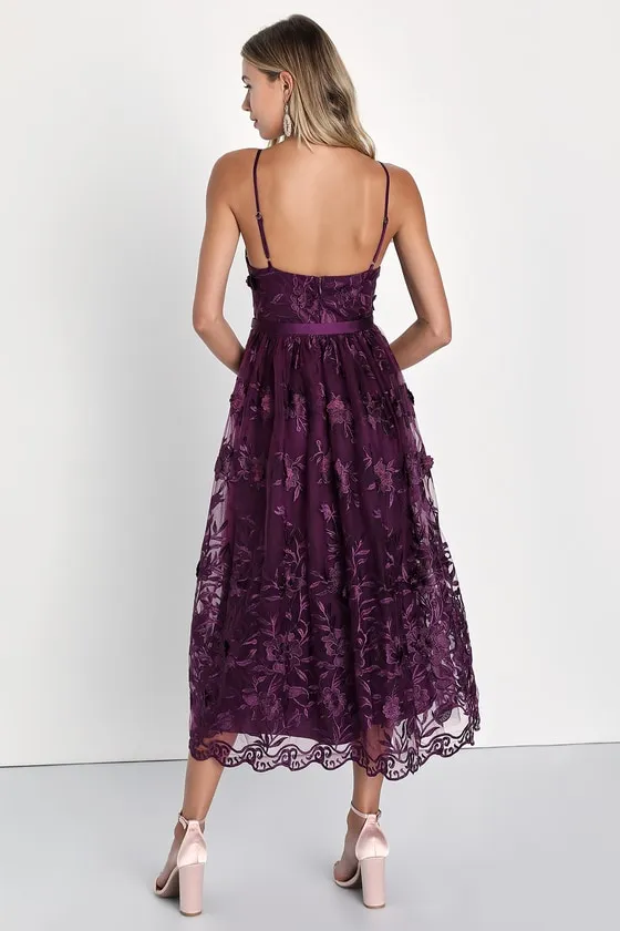 Pure Poise Dark Purple 3D Embroidered Tulle Midi Dress sold by Lulus product image thumbnail 4