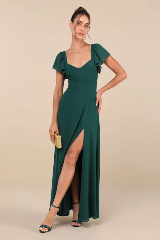 Simply Delightful Dark Green Tie-Back Flutter Sleeve Maxi Dress sold by Lulus