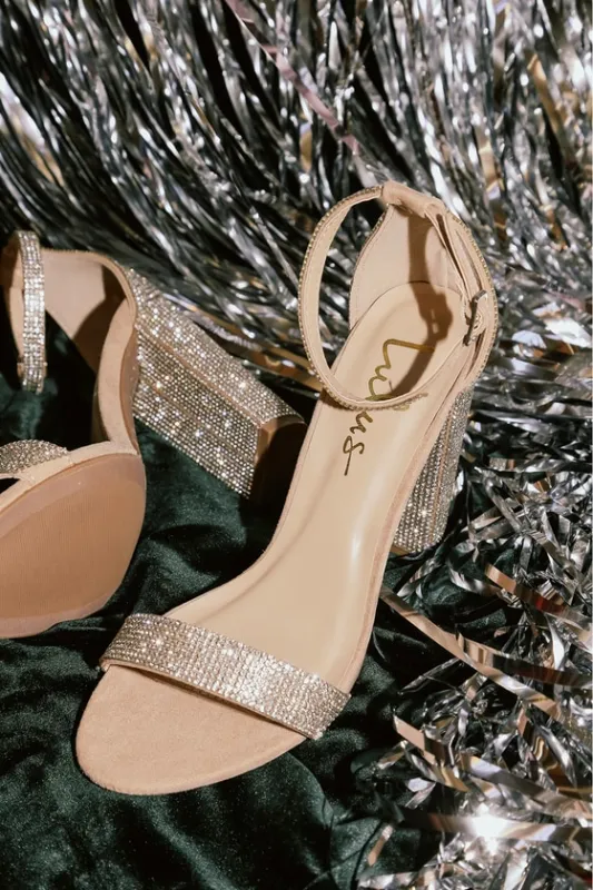 Taylor Rhinestone Light Nude Suede Ankle Strap Heels sold by Lulus