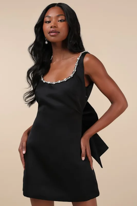 Cloe Black Rhinestone Backless Bow Mini Dress made by Lulus