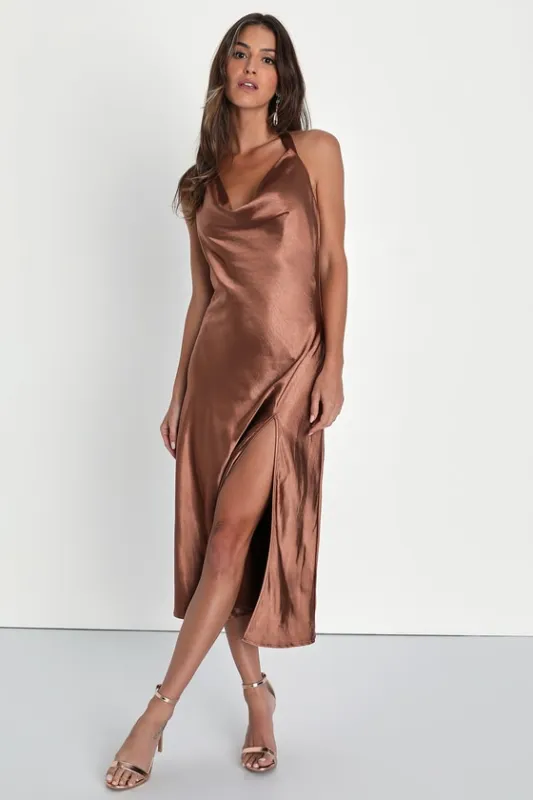 Sophisticated Impression Brown Satin Backless Cowl Midi Dress sold by Lulus
