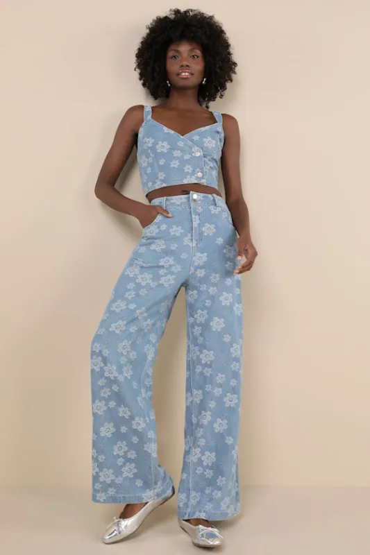 Poised Premise Medium Wash Floral Jacquard Wide-Leg Jeans sold by Lulus