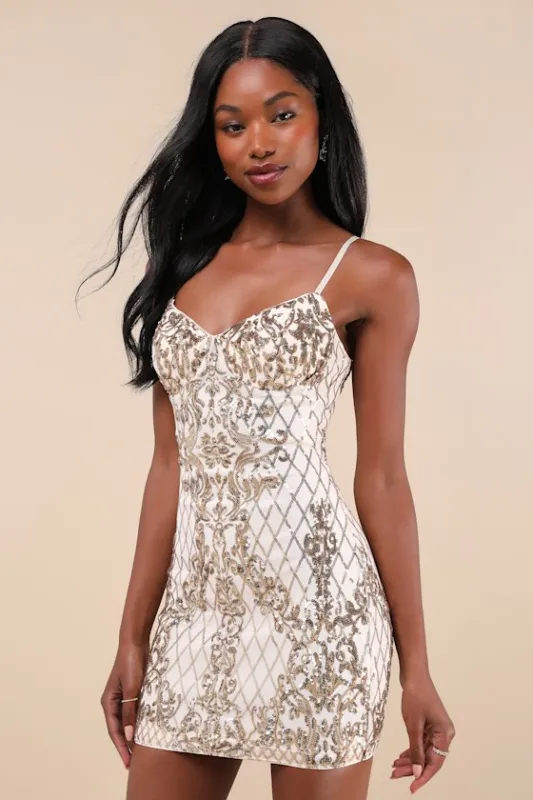 Moonlit Love Gold Sequin Sleeveless Bodycon Mini Dress sold by Lulus