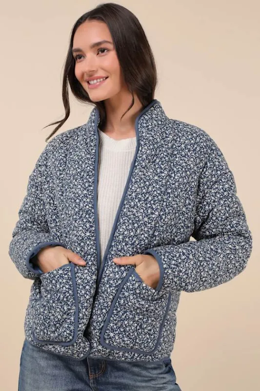 Bundled Perfection Blue Floral Quilted Puffer Jacket sold by Lulus