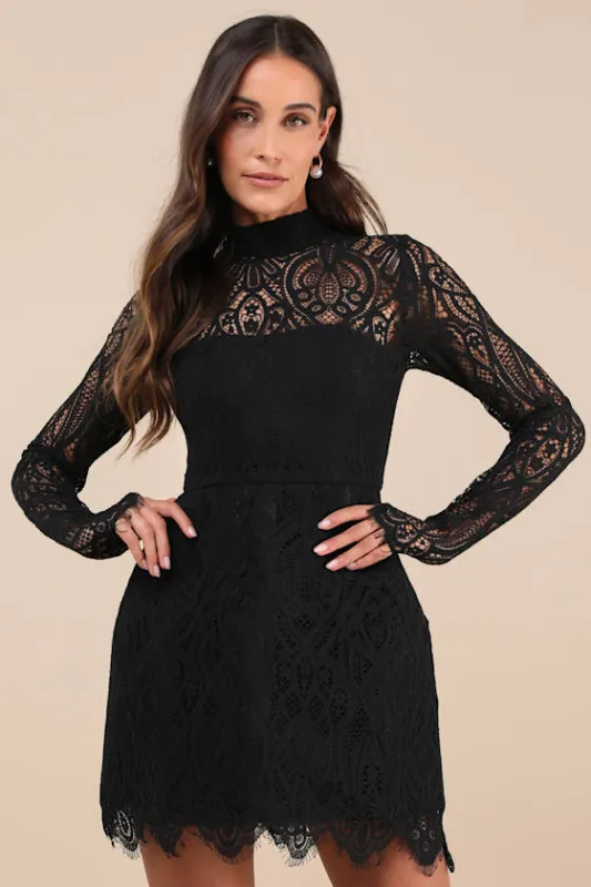 Gorgeous Attraction Black Lace Structured Long Sleeve Mini Dress sold by Lulus