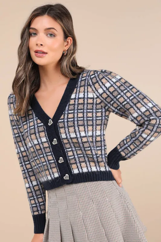 Delightful Confidence Navy Blue Plaid Heart Button Cardigan sold by Lulus