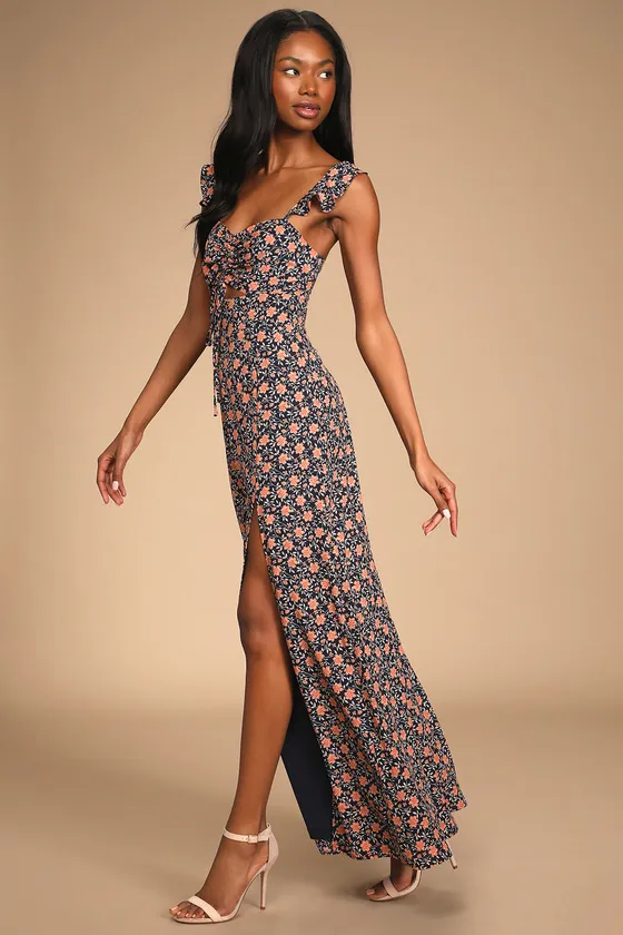 The Way to Love Navy Blue Floral Print Ruffled Maxi Dress sold by Lulus