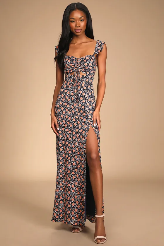 The Way to Love Navy Blue Floral Print Ruffled Maxi Dress sold by Lulus product image thumbnail 2