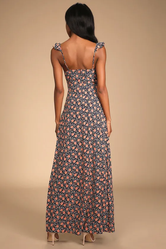 The Way to Love Navy Blue Floral Print Ruffled Maxi Dress sold by Lulus product image thumbnail 4