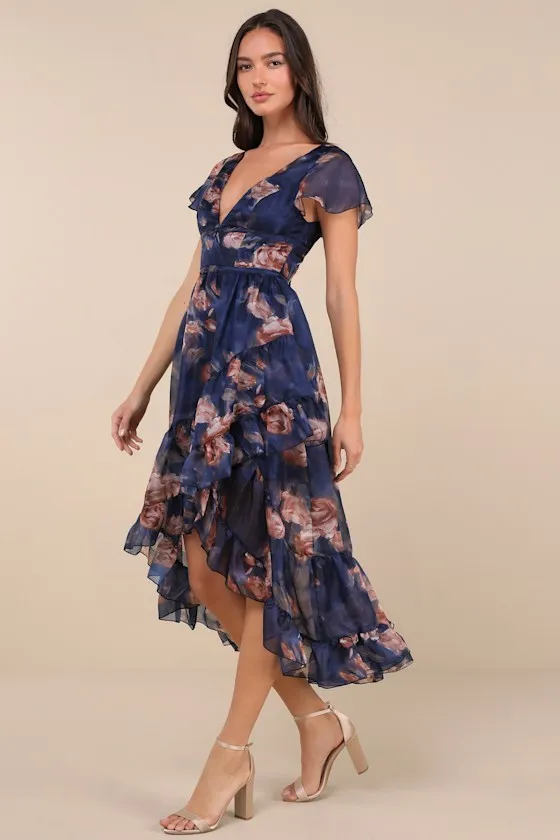 Cultivated Adoration Navy Floral Backless High-Low Midi Dress sold by Lulus