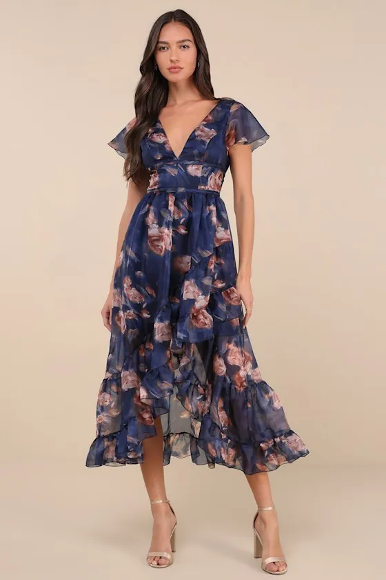 Cultivated Adoration Navy Floral Backless High-Low Midi Dress sold by Lulus product image thumbnail 2