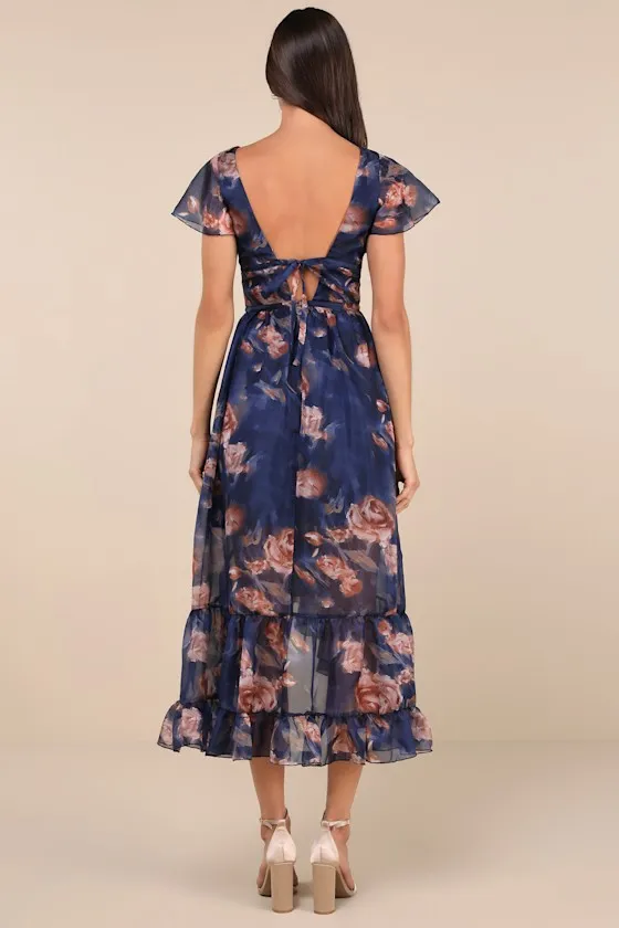 Cultivated Adoration Navy Floral Backless High-Low Midi Dress sold by Lulus product image thumbnail 3