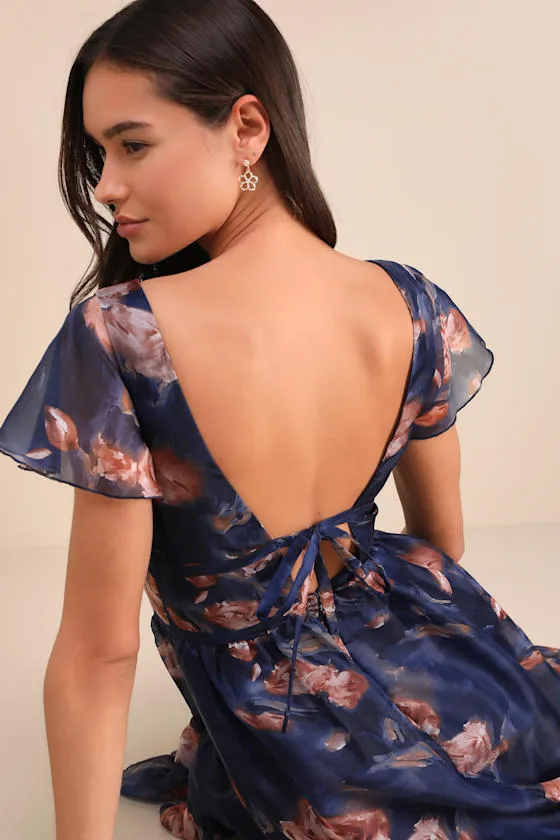 Cultivated Adoration Navy Floral Backless High-Low Midi Dress sold by Lulus product image thumbnail 4