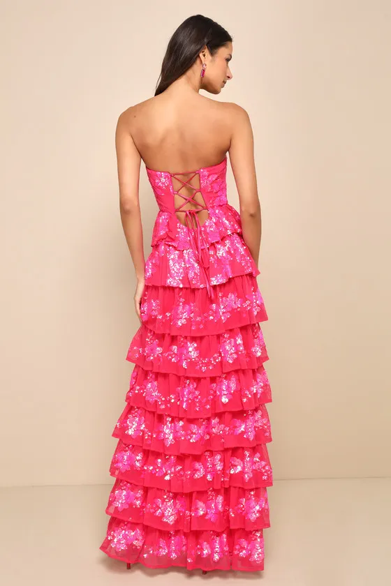 Definite Glamour Hot Pink Sequin Strapless Bustier Maxi Dress sold by Lulus product image thumbnail 2