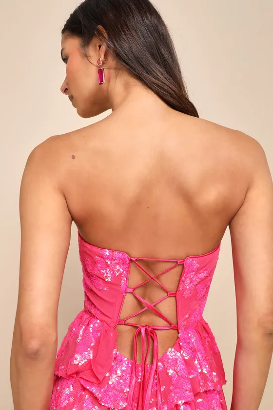 Definite Glamour Hot Pink Sequin Strapless Bustier Maxi Dress sold by Lulus product image thumbnail 4