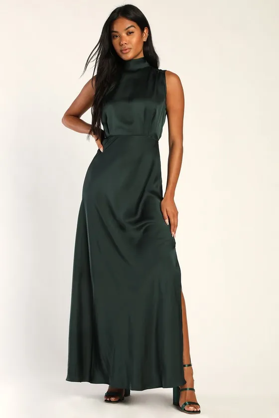 Classic Elegance Green Satin Sleeveless Mock Neck Maxi Dress sold by Lulus