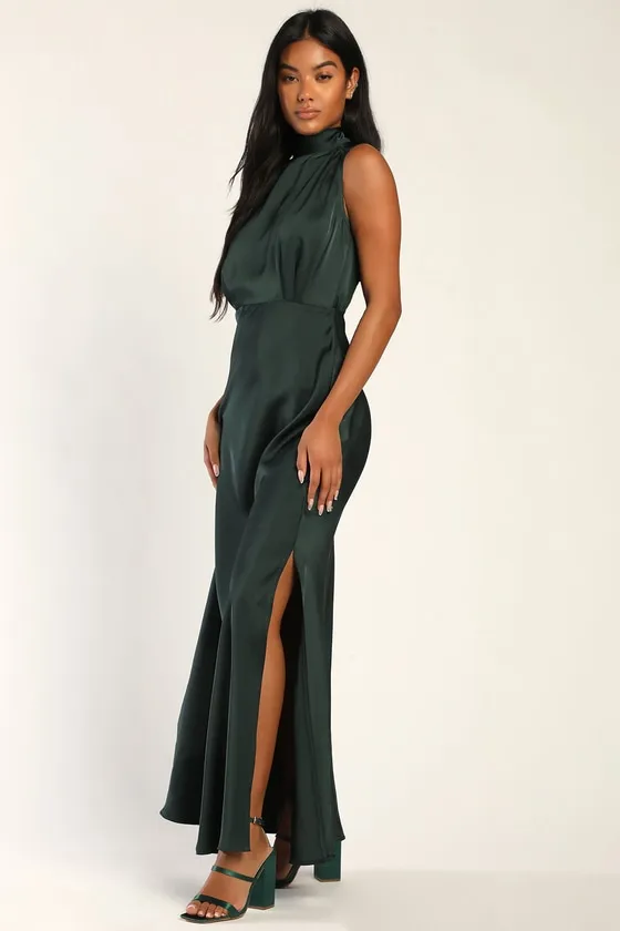 Classic Elegance Green Satin Sleeveless Mock Neck Maxi Dress sold by Lulus product image thumbnail 2