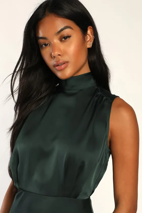 Classic Elegance Green Satin Sleeveless Mock Neck Maxi Dress sold by Lulus product image thumbnail 3