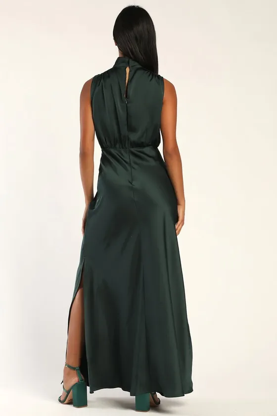 Classic Elegance Green Satin Sleeveless Mock Neck Maxi Dress sold by Lulus product image thumbnail 4
