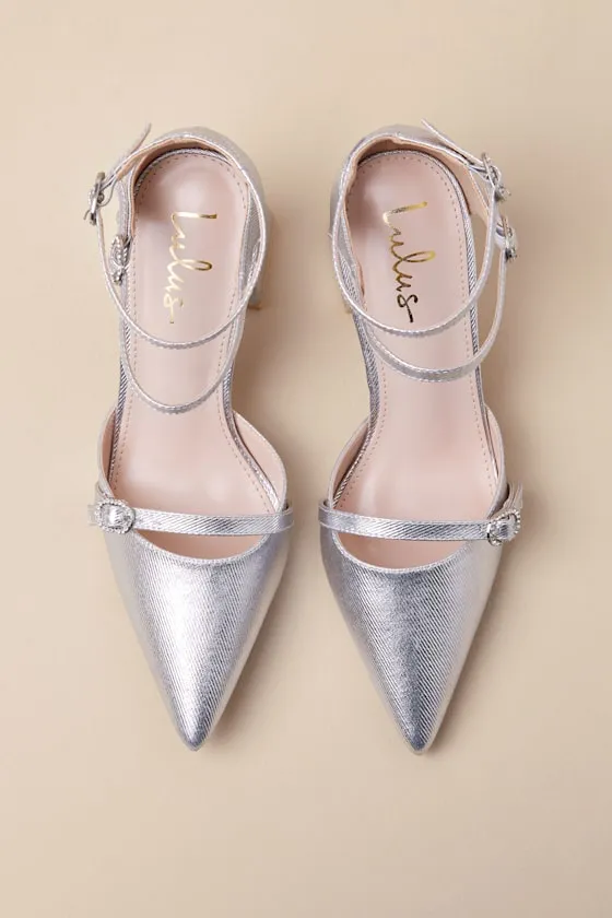 Kimbersan Silver Textured Pointed-Toe Ankle Strap Pumps sold by Lulus product image thumbnail 4