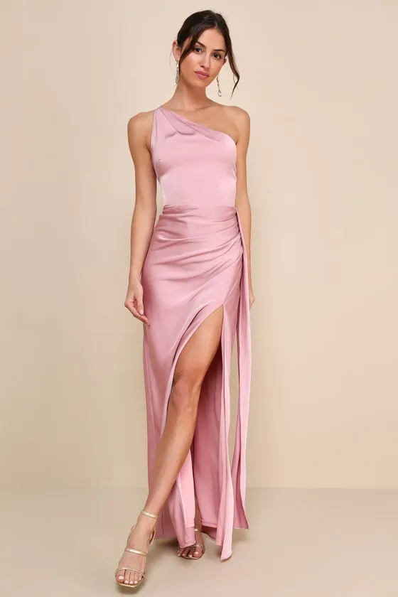 Signature Elegance Rose Satin One-Shoulder Maxi Dress sold by Lulus