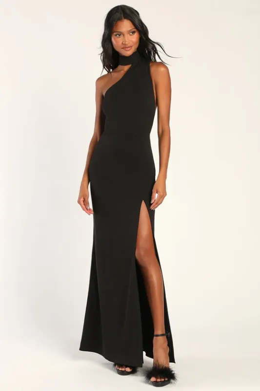 Keep It Interesting Black Asymmetrical Cutout Halter Maxi Dress sold by Lulus
