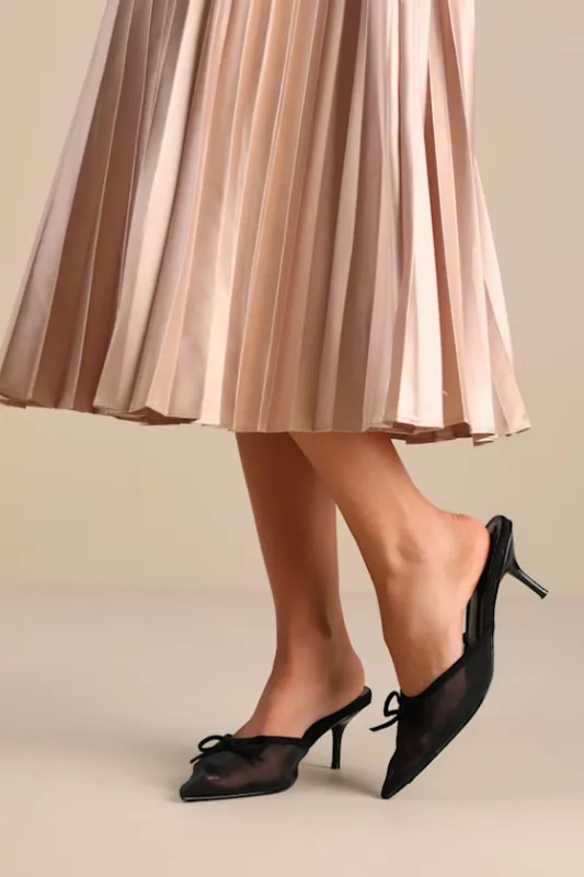 Cheralynn Black Mesh Bow Pointed-Toe Mule Pumps sold by Lulus