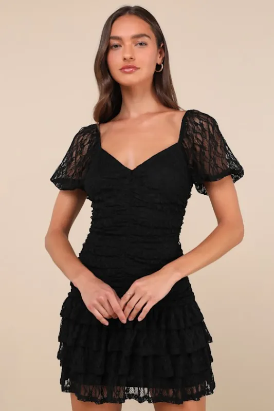 Darling Persuasion Black Lace Puff Sleeve Tiered Mini Dress sold by Lulus