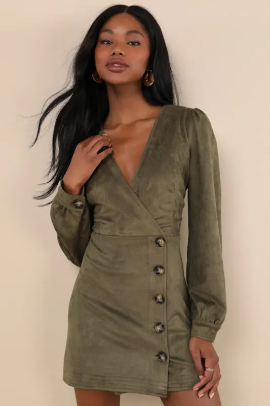 Chicest Aura Olive Green Suede Surplice Long Sleeve Mini Dress sold by Lulus