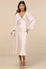 Illustrious Elegance Champagne Satin Long Sleeve Midi Dress sold by Lulus