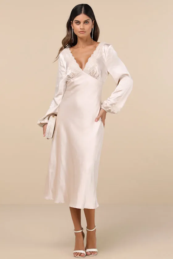 Illustrious Elegance Champagne Satin Long Sleeve Midi Dress sold by Lulus