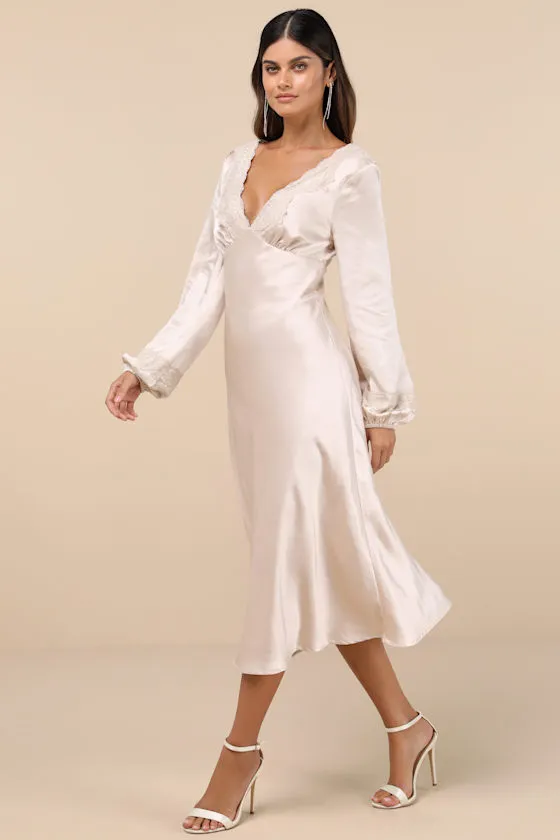 Illustrious Elegance Champagne Satin Long Sleeve Midi Dress sold by Lulus product image thumbnail 4