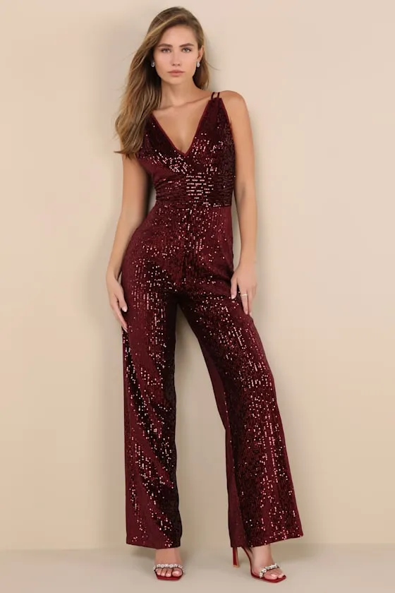 Sensational Energy Burgundy Velvet Sequin Backless Jumpsuit sold by Lulus