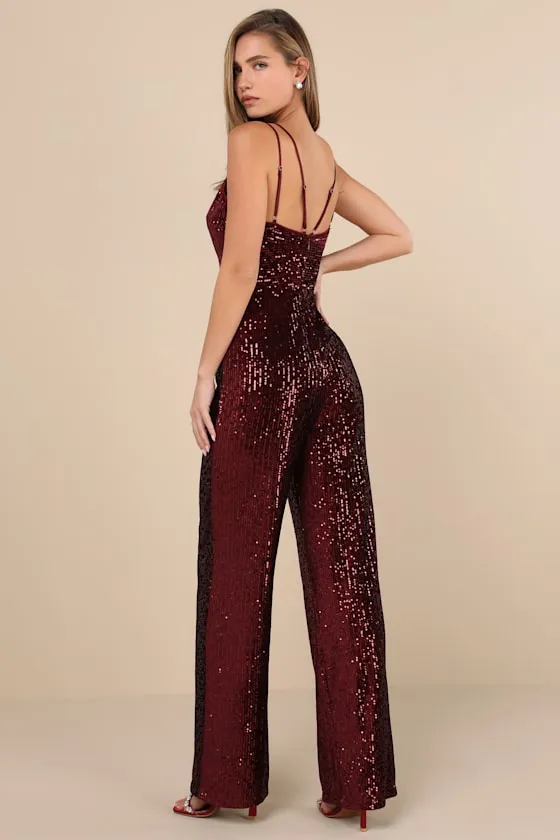 Sensational Energy Burgundy Velvet Sequin Backless Jumpsuit sold by Lulus product image thumbnail 2