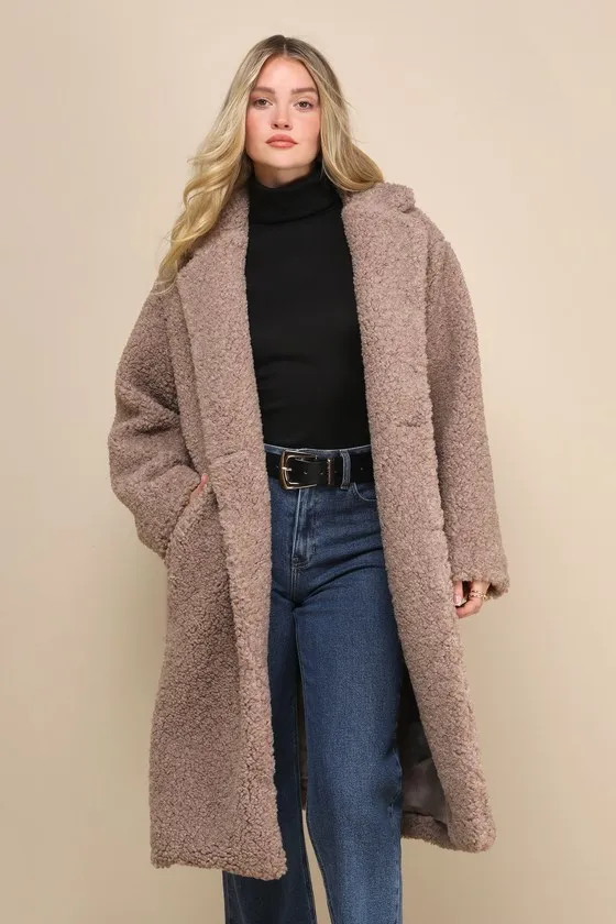 Amazing Comfort Taupe Shearling Long Coat sold by Lulus
