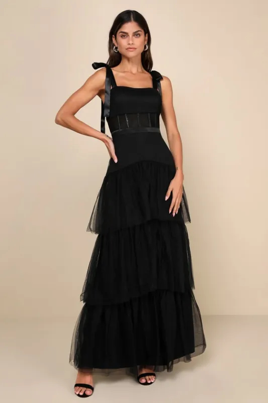 Enticing Mystique Black Tulle Tie-Strap Tiered Maxi Dress sold by Lulus