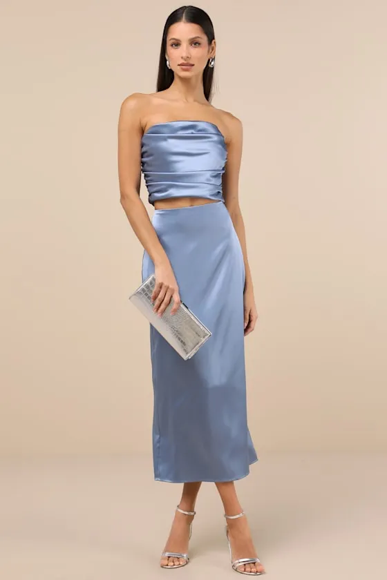 Demure Sweetie Slate Blue Satin Strapless Two-Piece Midi Dress sold by Lulus