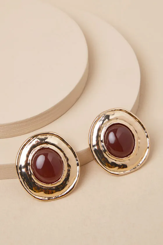Adita Gold Burgundy Stone Earrings sold by Lulus