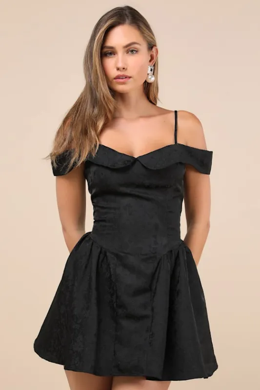 Flirty Enticement Black Jacquard Off-the-Shoulder Mini Dress sold by Lulus