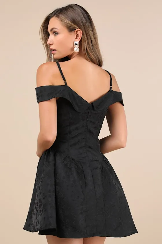 Flirty Enticement Black Jacquard Off-the-Shoulder Mini Dress sold by Lulus product image thumbnail 3