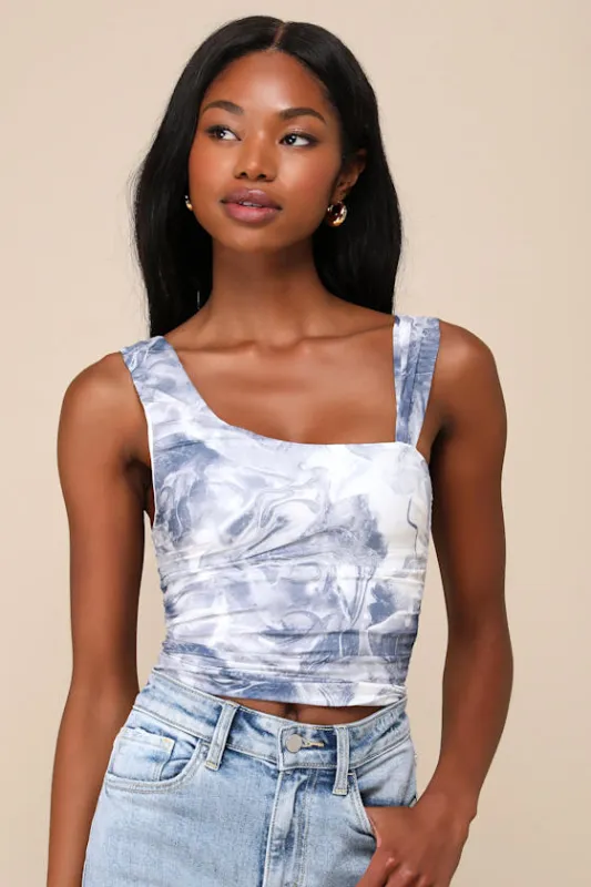 Beautiful Vision Blue and White Abstract Mesh Asymmetrical Top sold by Lulus