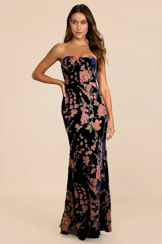 Bloom In Mind Navy Blue Floral Print Velvet Strapless Maxi Dress sold by Lulus