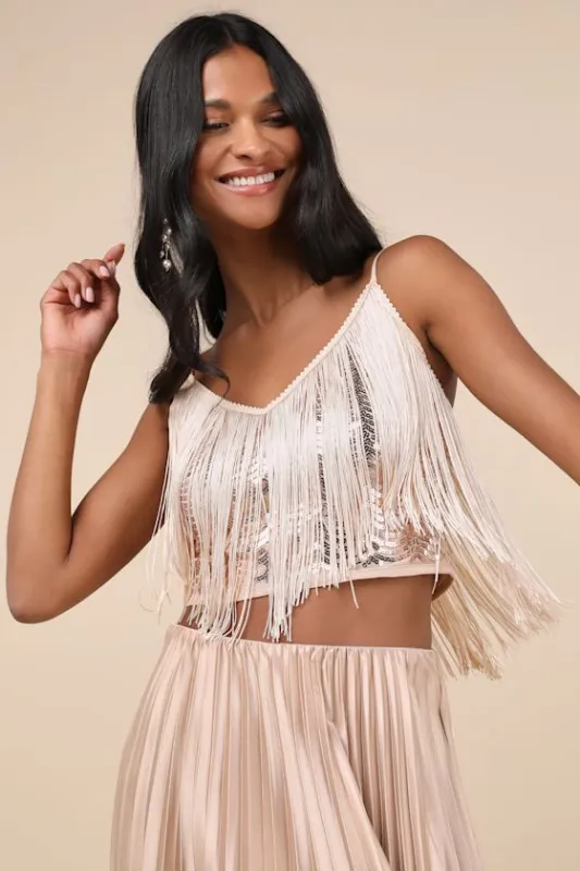 Get in the Groove Champagne Sequin Fringe Crop Top sold by Lulus