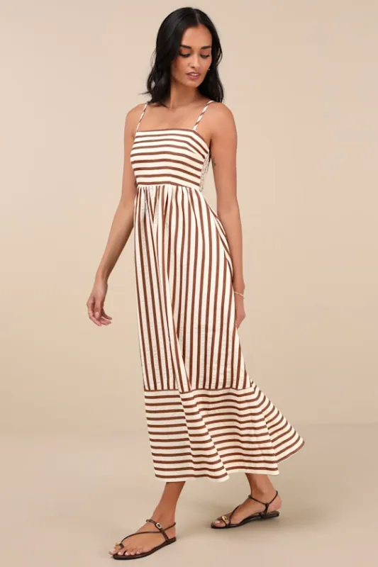 Exceptionally Pristine Brown and Cream Striped Cutout Midi Dress sold by Lulus