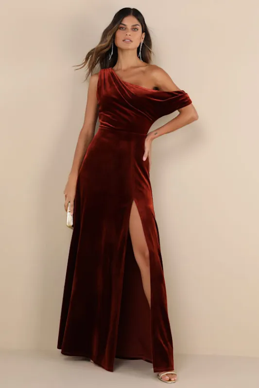 Coveted Confidence Rust Orange Velvet Asymmetrical Maxi Dress sold by Lulus