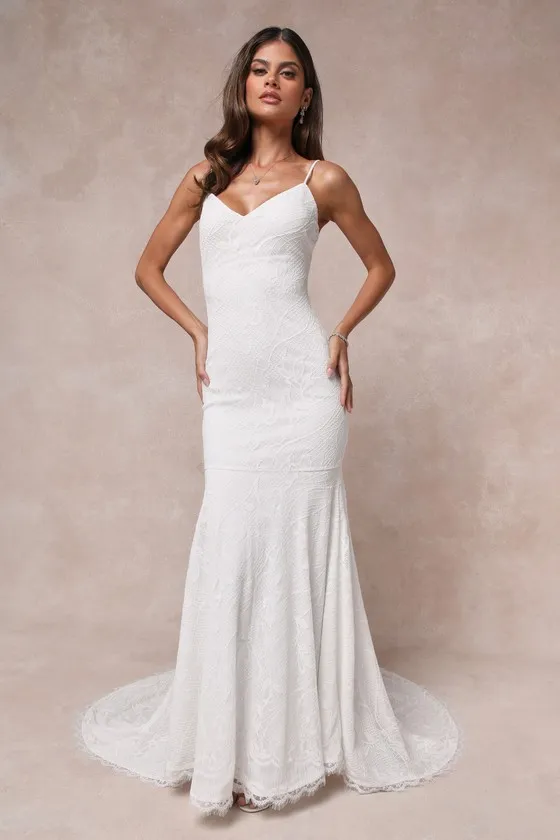 Flawless Extravagance White Lace Trumpet Hem Maxi Dress sold by Lulus